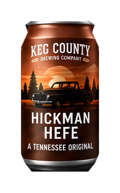 Hickman Hefe can with pickup truck artwork